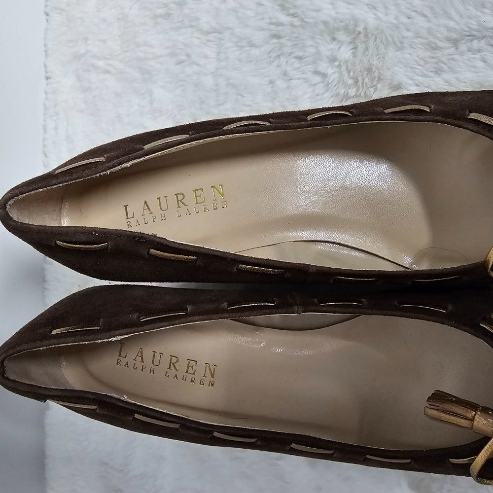 Lauren Ralph Lauren Cambree Chocolate Suede Gold Metallic Wedge Shoes Size 7 - Picture 11 of 16